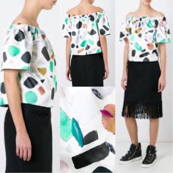 MSGM Fantasia Pois Off-Shoulder Gemstone Embellished Satin Top Sz 2 Extra Small - Picture 2 of 9